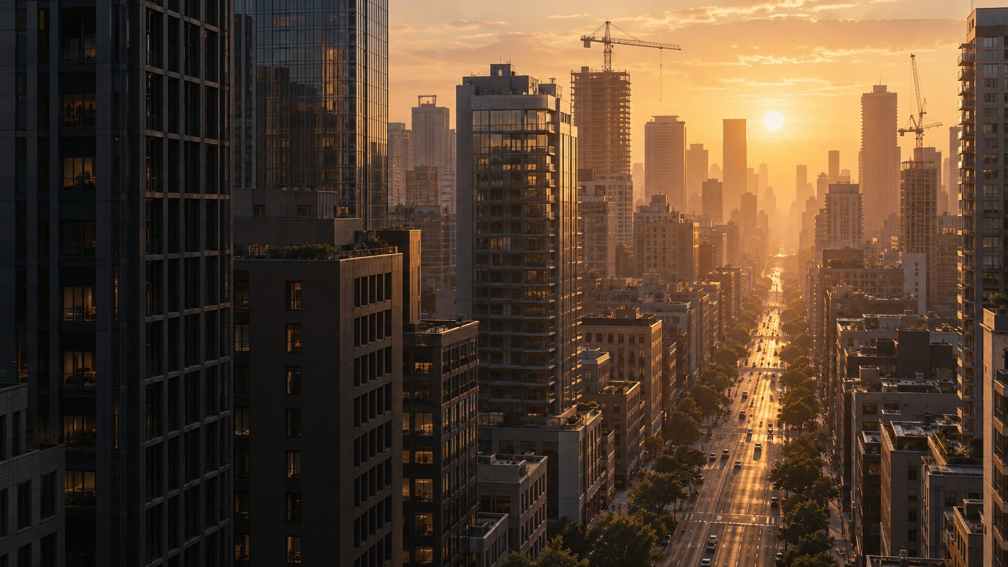 A city avenue at sunset between tall buildings